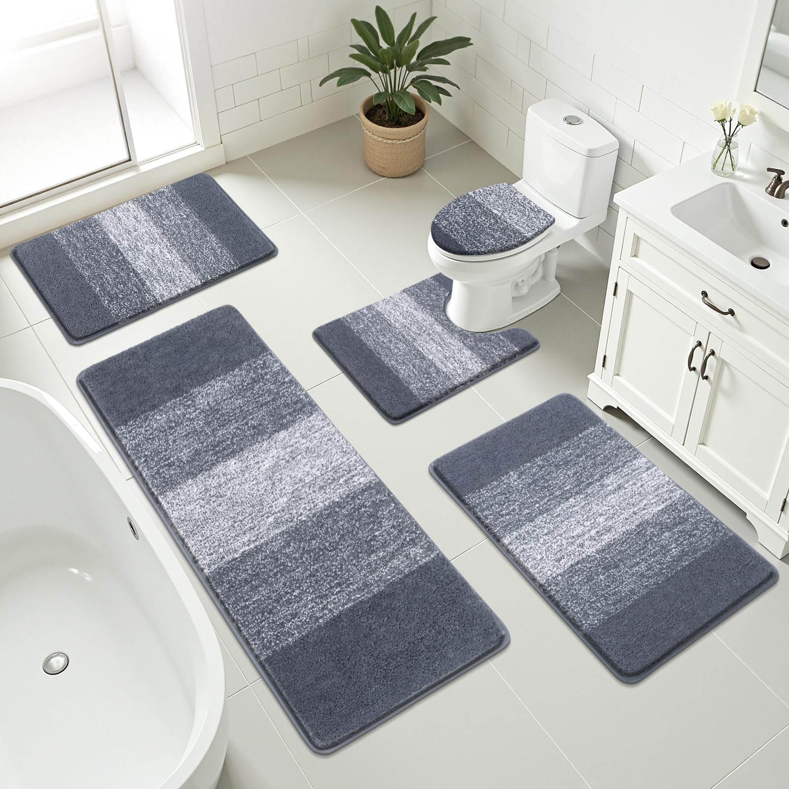 Bsmathom Badezimmerteppich-Set, 5-teilig, Plüsch-Mikrofaser-Badematte, Dunkelgrau | Extra wasserabsorbierender, rutschfester, waschbarer Läufer mit WC-Deckelbezug und U-förmiger WC-Vorleger