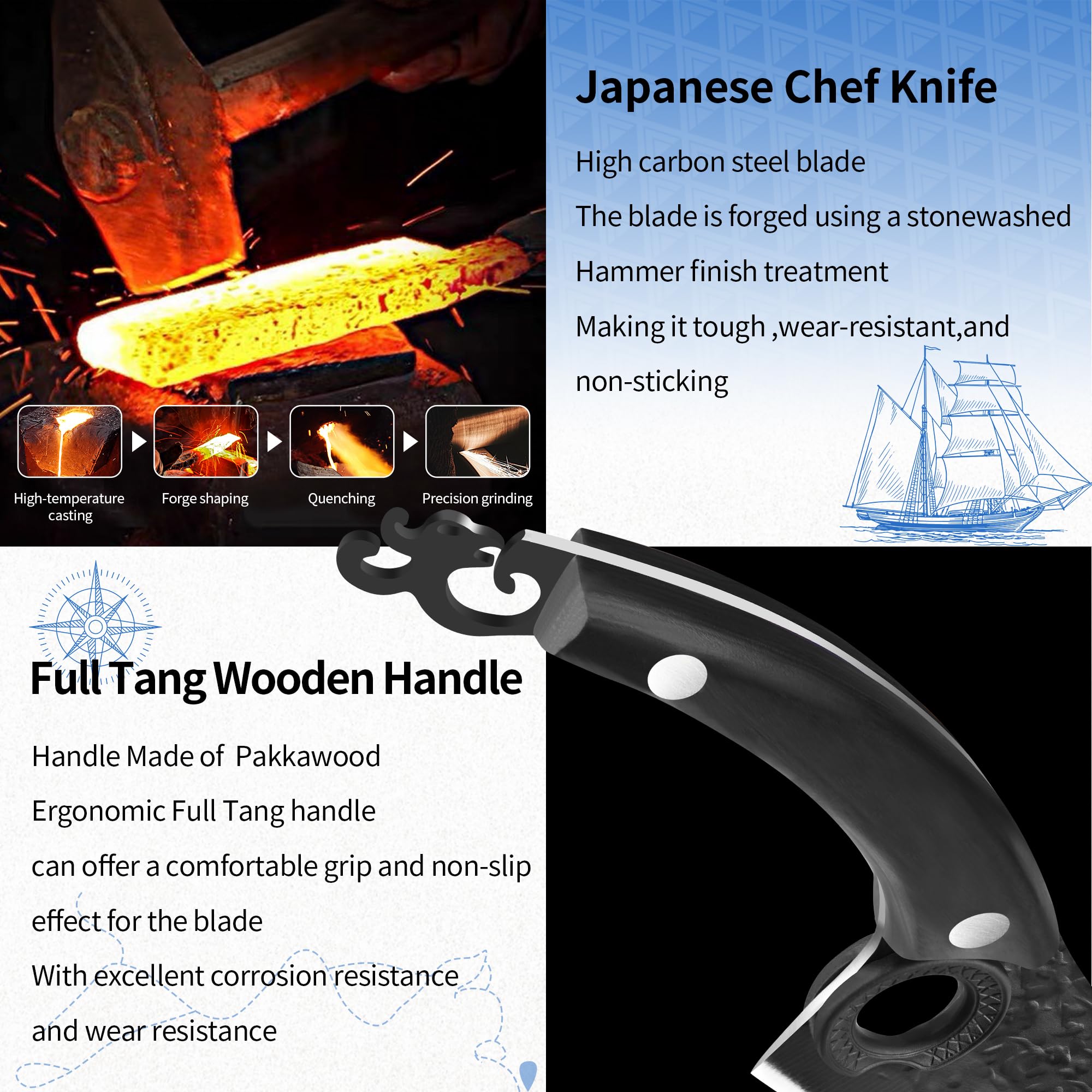 XYJ Coltello da disosso con fodero, coltello da cucina forgiato, lama in acciaio ad alto tenore di carbonio, coltello da taglio per carne vegetale, full tang, coltello da cucina giapponese