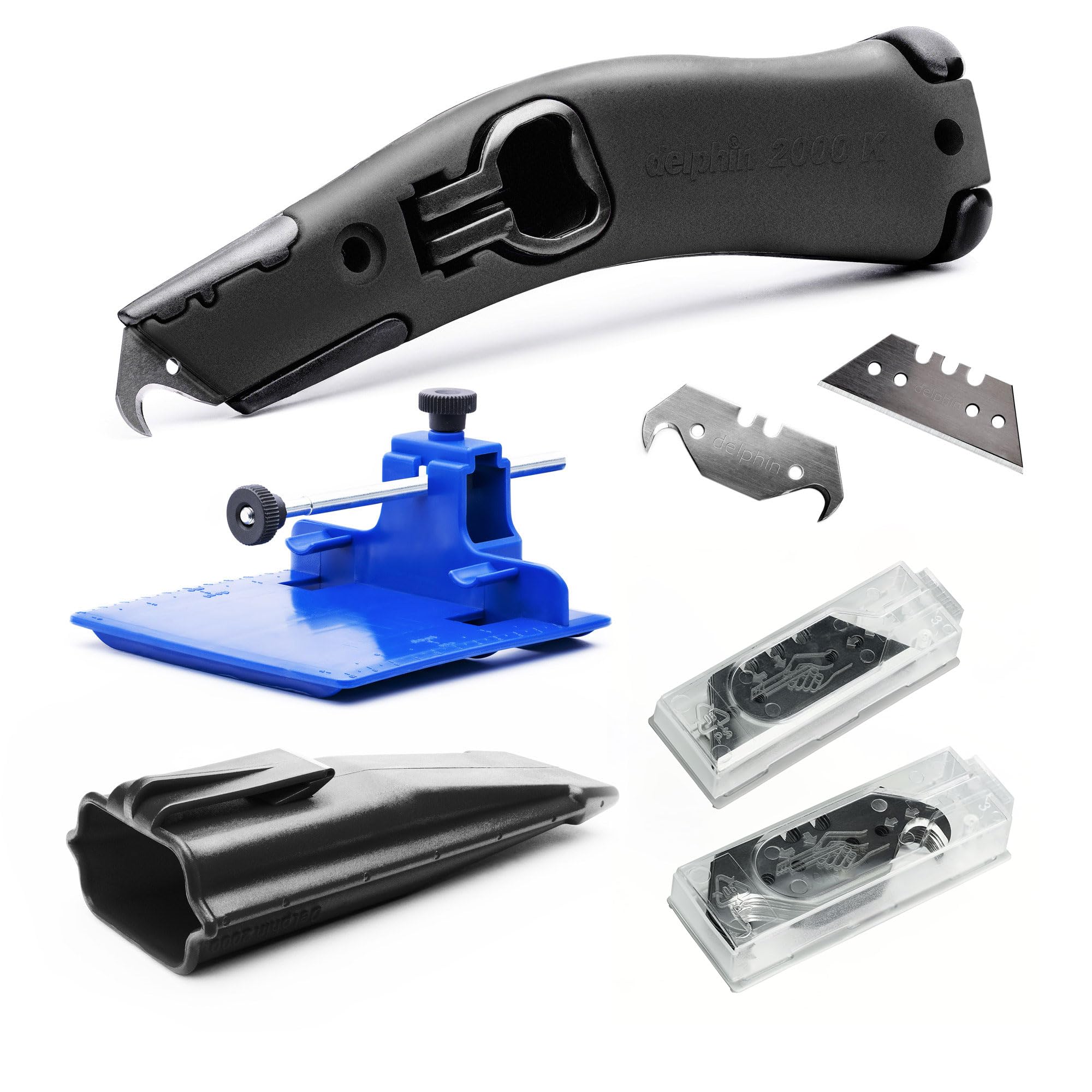 Teppichverlege Set, bestehend aus Delphin®-2000K, 10 Trapezklingen, 10 Hakenklingen, Streifenschneider, Kunststoffköcher