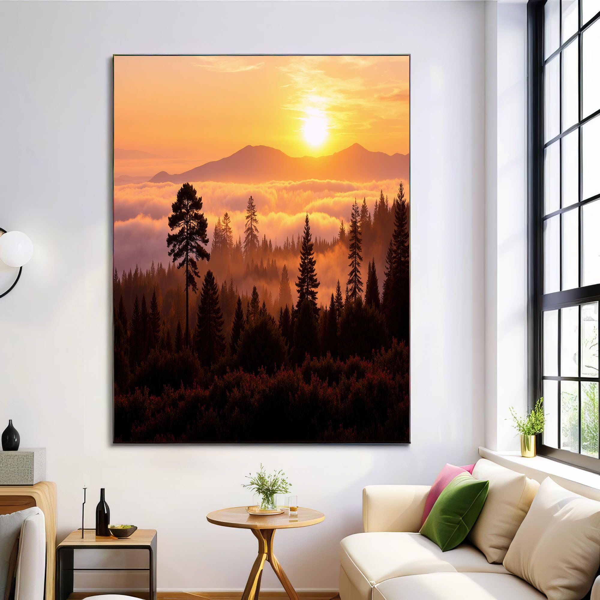 Cuadros decorativos de bosque de niebla, arte en lienzo de atardecer para un hogar acogedor 8