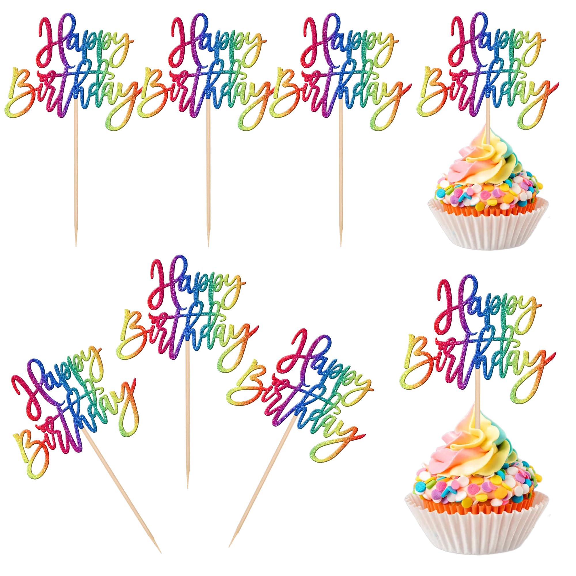 24 PCS Glitter Cupcake Toppers - Happy Birthday & Anniversary Picks for Celebrating Parties - Colorful