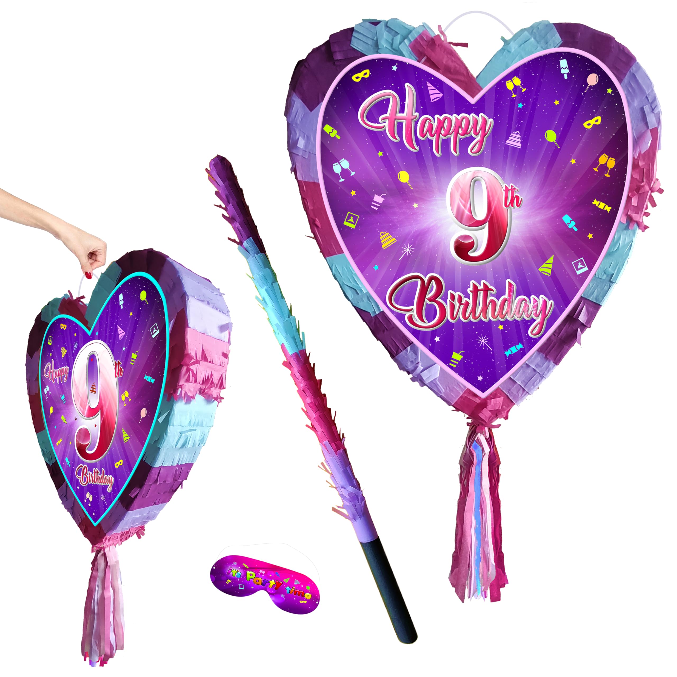 9th birthday pinata with stick - Girls Nine party smashing game - Big 41cm x 38cm, Pink, Purple, Sky Blue - Image 5
