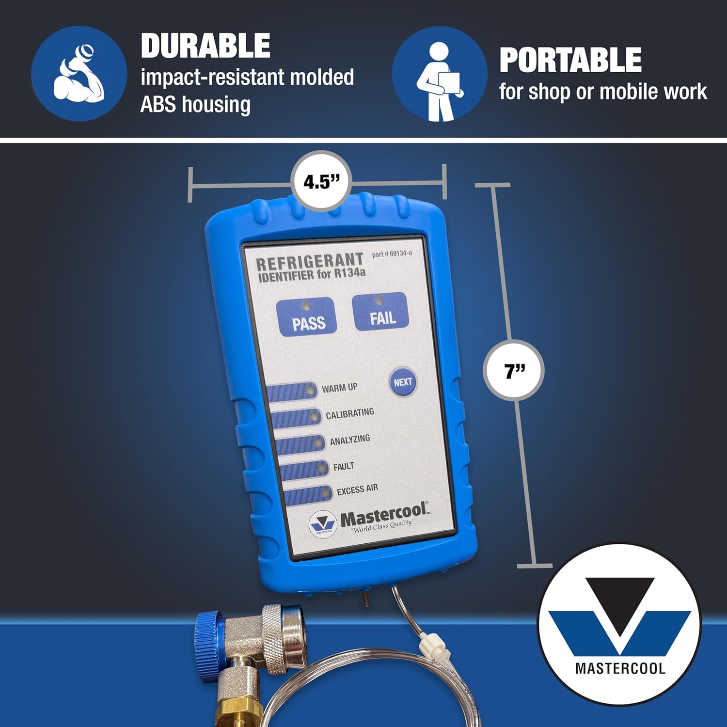Mastercool 69134-A R134a Refrigerant Identifier – Compact Pass/Fail Analyzer with NDIR Technology, Portable A/C Purity Tester, Includes Calibration Kit
