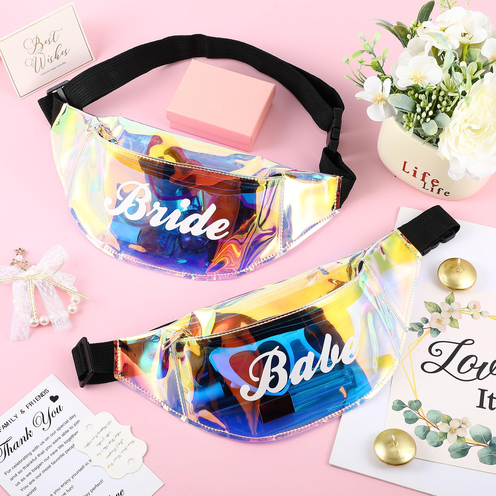 Silkfly Gürteltasche für Junggesellinnenabschied, holografisch, transparent, für Brautjungfern, mit verstellbarem Gürtel, Laser-Hüfttasche für Brautparty, Hochzeit, Party, Gastgeschenke, 12-teilig,