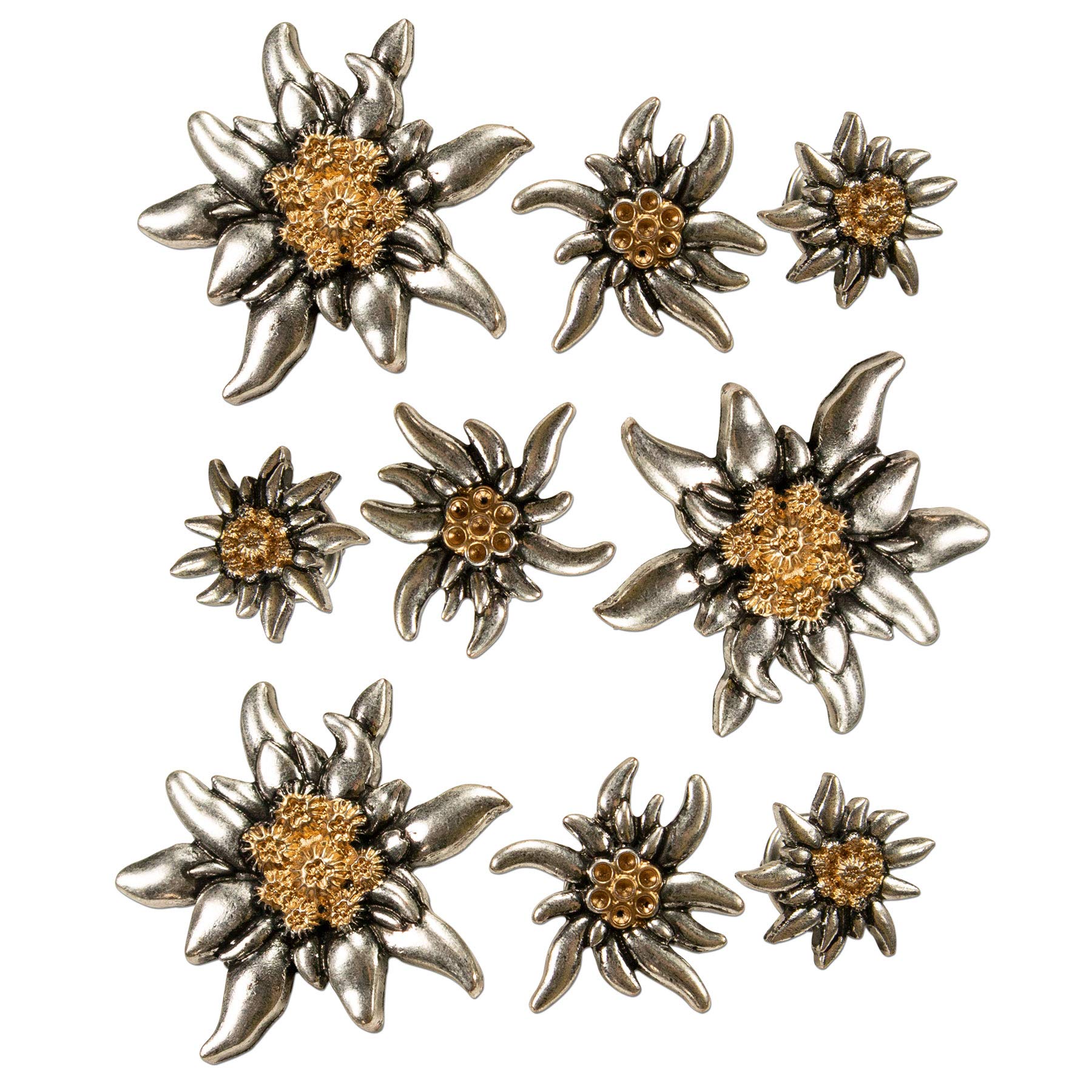 Ansteck Pins Edelweiß 3er Set (3 Größen) - Anstecker für Damen & Herren, Trachten-Pins für Trachtenbluse, Hutanstecker, Anstecknadel und Buttons fürs Oktoberfest (bicolor-farben)