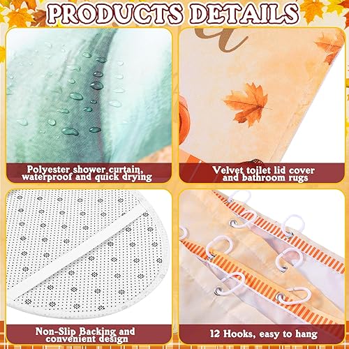 Miniatura 4 de Tranqun Juego de 8 cortinas de ducha de otoño con diseño de Hello Fall para decoración de baño, calabaza, girasol, camión, cortina de ducha
