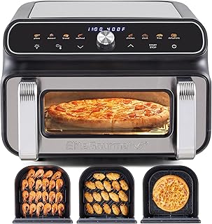 Elite Gourmet EAF2411G Digital Indoor Grill/Air Fryer Oven, 11L Capacity, Grill Rack, 8 Presets, Bake, Roast, Broil, Dehydrate, 1700-Watts, 25 Delicious Recipes, Stainless-Steel/Black