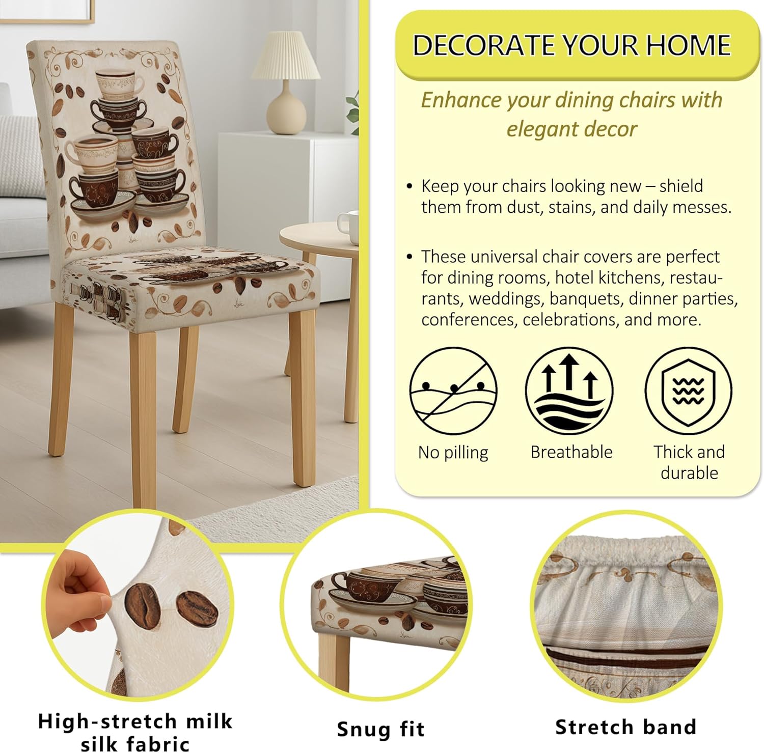 Coffee Themed Chair Covers for Dining Chairs, Stretch & Washable Spandex Seat Protectors, Vintage Decorative Slipcovers for Kitchen Dining Room 6PCS