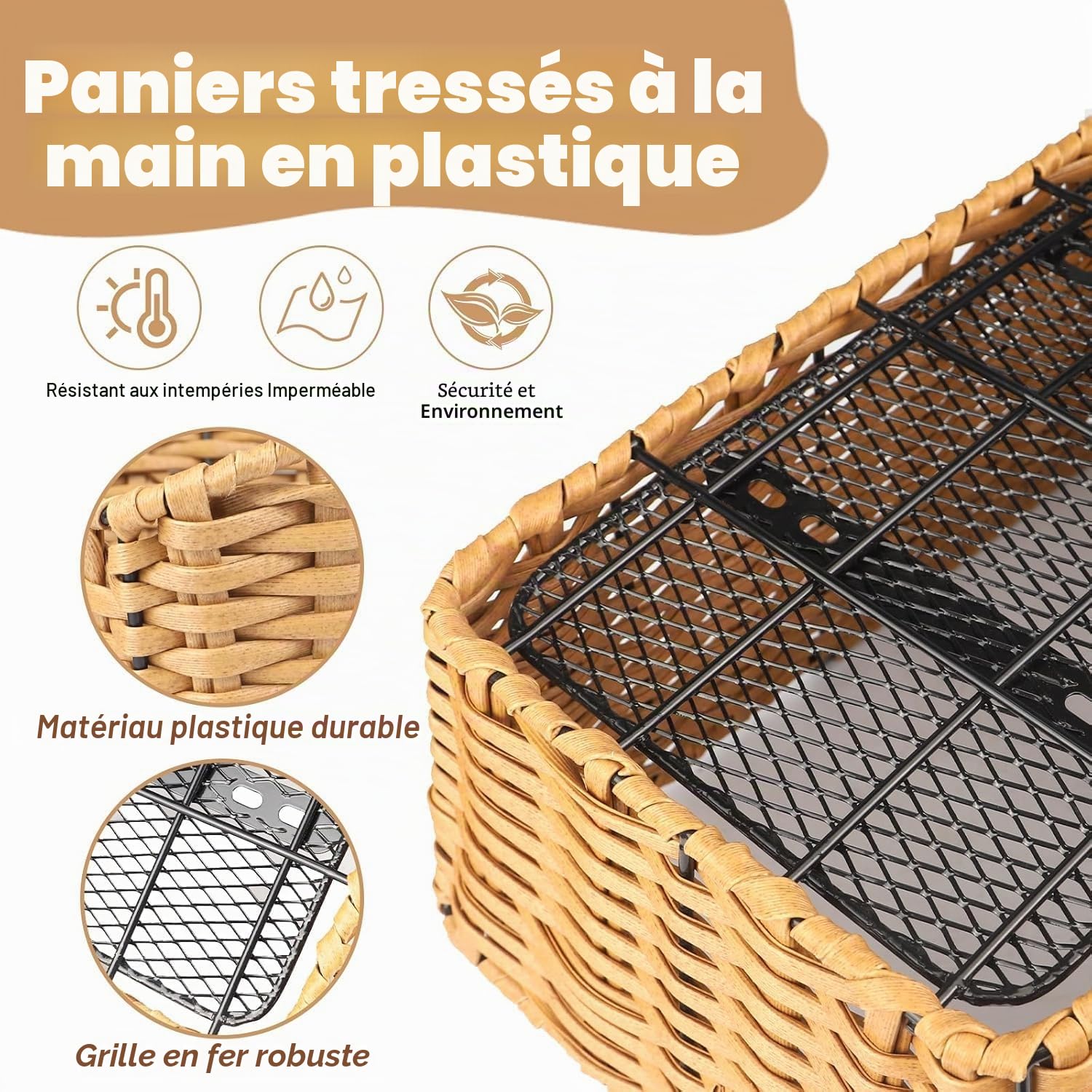 ZUKKA Panier de vélo arrière tissé Panier de vélo arrière amovible Panier de rangement de vélo pour rack arrière de la plupart des types de vélos