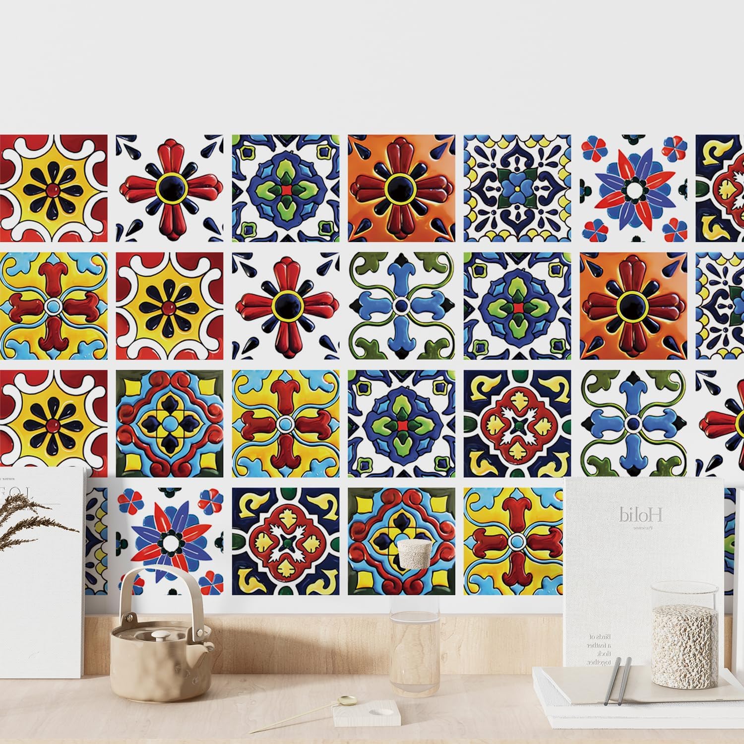 Boho Talavera Peel and Stick Tile Stickers - Easy DIY Backsplash for Kitchen Walls - Waterproof Vinyl Decals for Stairs & Bathroom Decor -30 Pcs 4x4 Inch