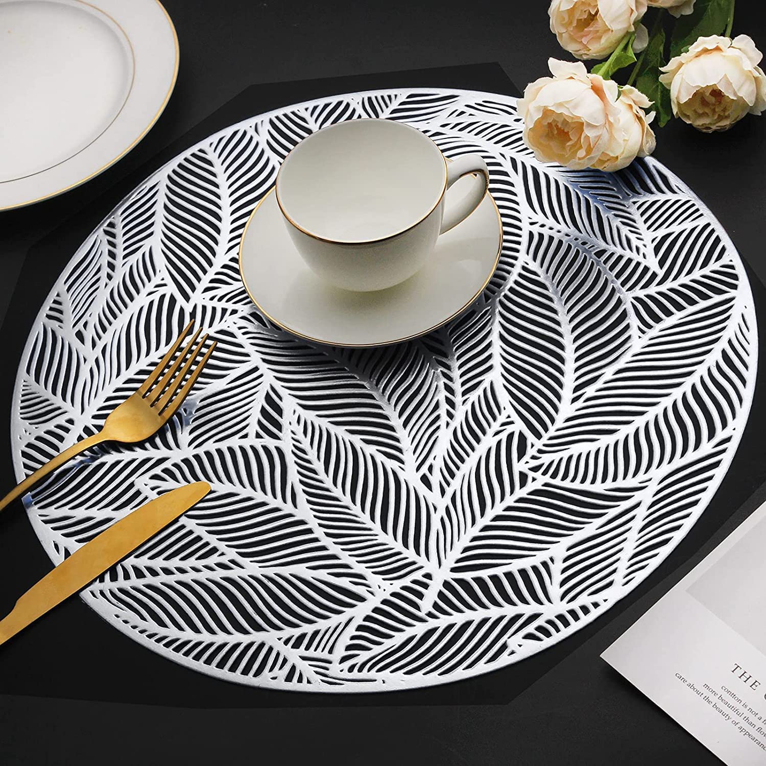 AYZIN Round Leaf Place Mats for Dining Table/Hollowed-Out Pressed Vinyl Table Mats for Holiday/Party Wedding Accent Centerpiece Dinner Table Decoration
