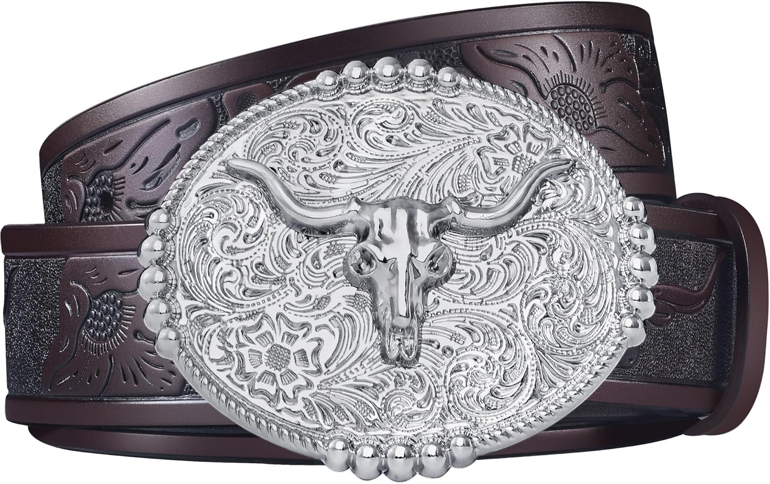 FIORETTO Western Cowboy Belts for Men Women Cowgirl Leather Belt Big Buckle Bull Belt for Jeans