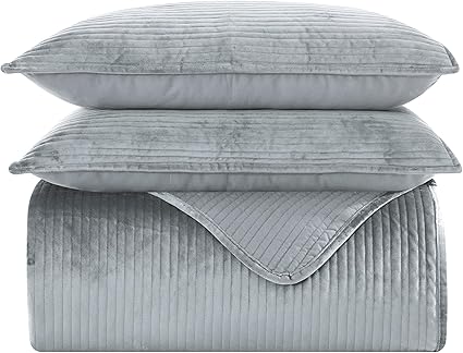 Elegant Comfort Luxury 3-Piece Velvet Corduroy Stripe Quilt Set, Ultra Soft Bedspread - Cozy Velvet Coverlet Set - 3PC Medium Weight Quilted Set with Matching Pillow Shams, Full, Gray