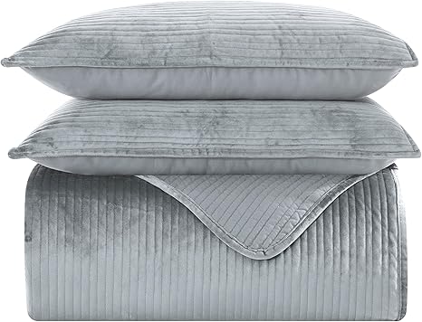 Elegant Comfort Luxury 3-Piece Velvet Corduroy Stripe Quilt Set, Ultra Soft Bedspread - Cozy Velvet Coverlet Set - 3PC Medium Weight Quilted Set with Matching Pillow Shams, Full, Gray