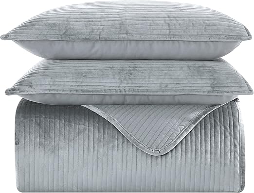 Elegant Comfort Luxury 3-Piece Velvet Corduroy Stripe Quilt Set, Ultra Soft Bedspread - Cozy Velvet Coverlet Set - 3PC Medium Weight Quilted Set with Matching Pillow Shams, Full, Gray