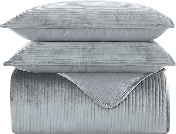 Elegant Comfort Luxury 3-Piece Velvet Corduroy Stripe Quilt Set, Ultra Soft Bedspread - Cozy Velvet Coverlet Set - 3PC Medium Weight Quilted Set with Matching Pillow Shams, Full, Gray