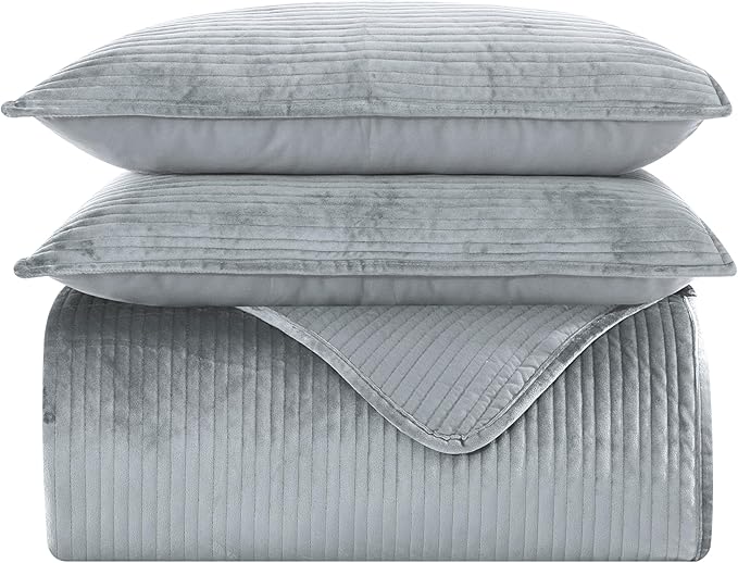 Elegant Comfort Luxury 3-Piece Velvet Corduroy Stripe Quilt Set, Ultra Soft Bedspread - Cozy Velvet Coverlet Set - 3PC Medium Weight Quilted Set with Matching Pillow Shams, Full, Gray