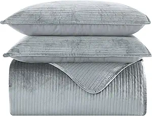 Elegant Comfort Luxury 3-Piece Velvet Corduroy Stripe Quilt Set, Ultra Soft Bedspread - Cozy Velvet Coverlet Set - 3PC Medium Weight Quilted Set with Matching Pillow Shams, Full, Gray