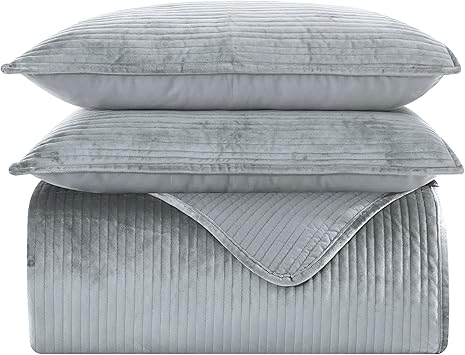 Elegant Comfort Luxury 3-Piece Velvet Corduroy Stripe Quilt Set, Ultra Soft Bedspread - Cozy Velvet Coverlet Set - 3PC Medium Weight Quilted Set with Matching Pillow Shams, Full, Gray
