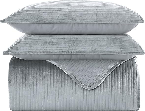 Elegant Comfort Luxury 3-Piece Velvet Corduroy Stripe Quilt Set, Ultra Soft Bedspread - Cozy Velvet Coverlet Set - 3PC Medium Weight Quilted Set with Matching Pillow Shams, Full, Gray