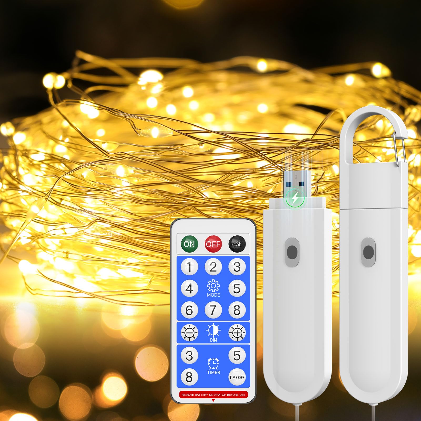 Orbecco Detachable Rechargeable Fairy Lights 10m, 100 LED String Lights with Remote & 8 Modes, IP67 Waterproof Outdoor & Indoor, No Battery Replacement, USB Charge for Garden Bedroom Christmas Decor
