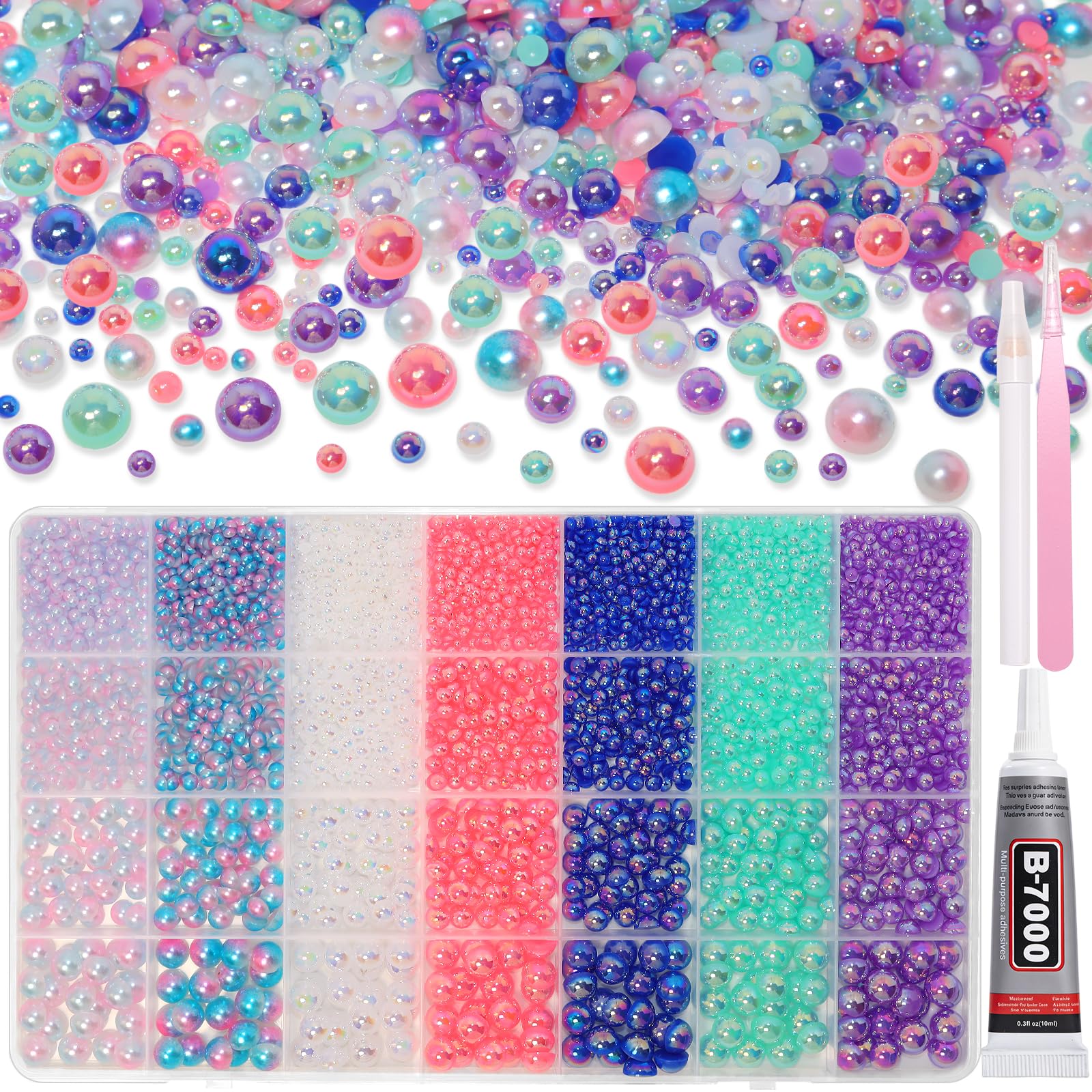 28 Grids Mermaid Blue Pink Flatback Pearls for Crafting 3-8mm Half Pearls