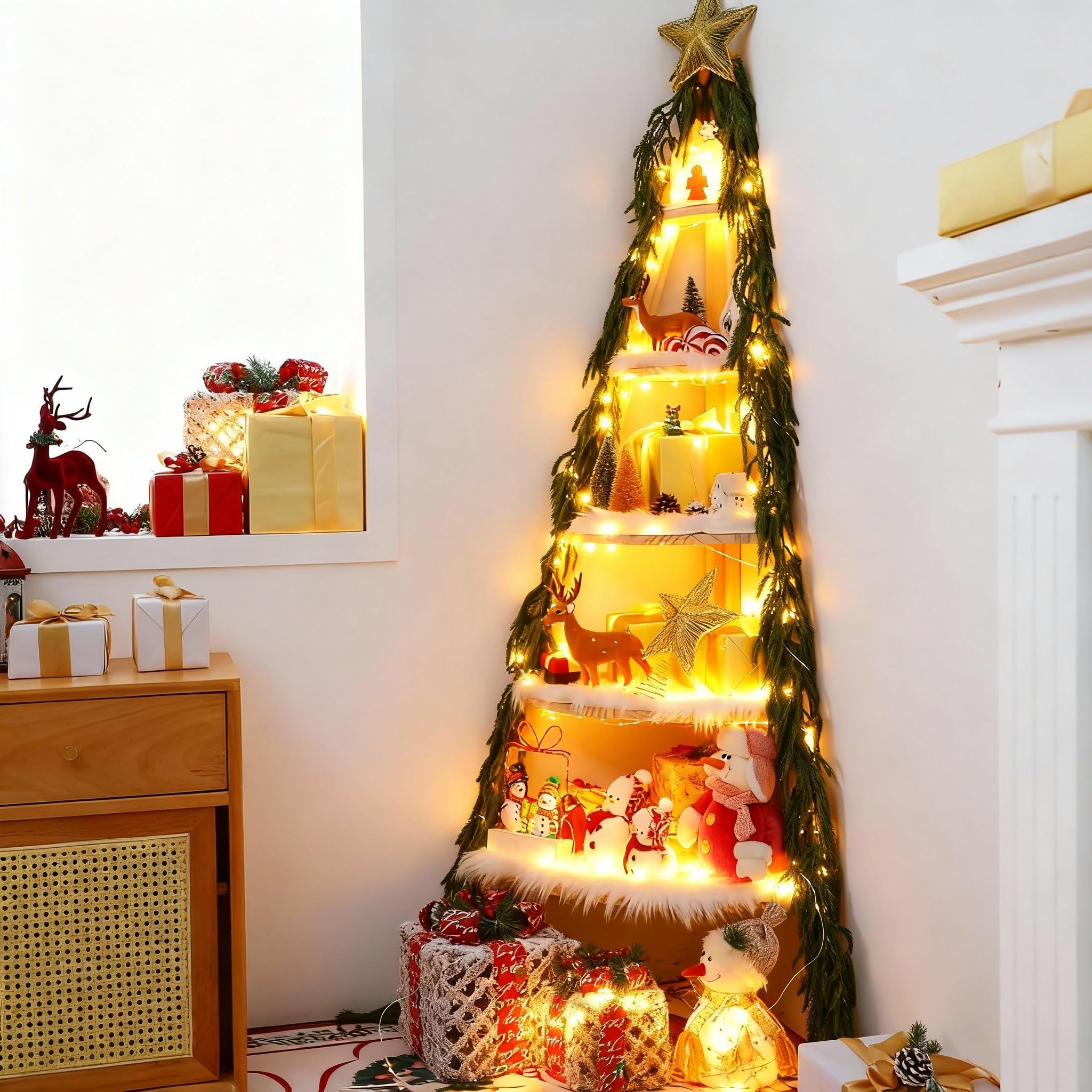 6 tier 5ft christmas tree corner shelf large bookshelf diy village display stand with snow blanket, pine garland and string light for christmas bedroom living room decor