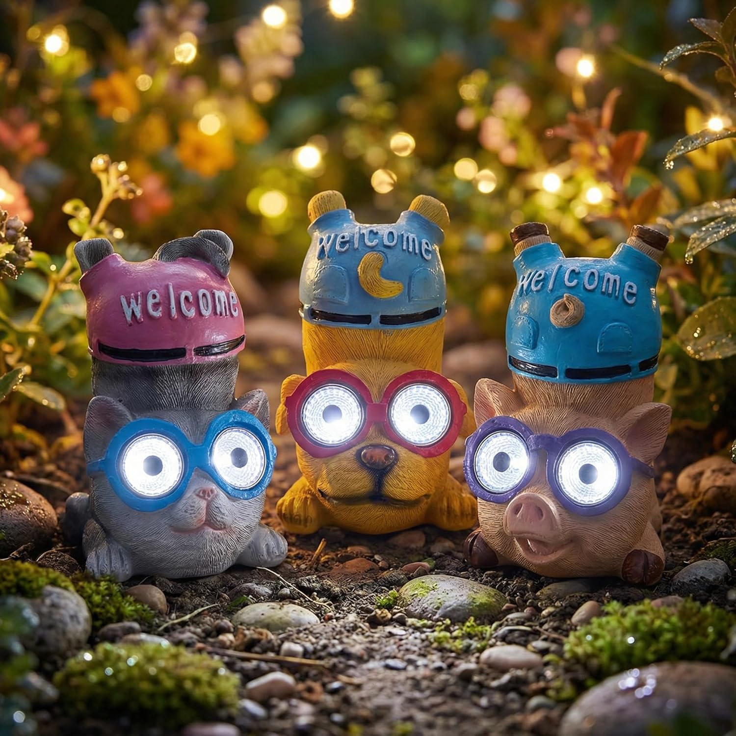 pearlstar 3 Pack Solar Lights Outdoor Garden Statues Resin Animal with Welcome Sign, Mothers Day Gifts for Mom Grandma, Cat Dog Pig Solar Figurines LED Lights Waterproof Outside Decor for Patio Yard