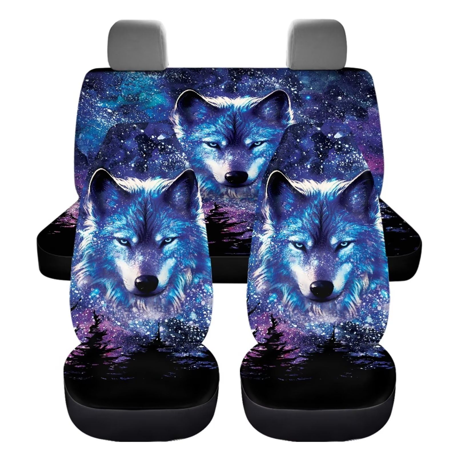 chaqlin Set auto-accessoires met grappig luiaardpatroon, bedrukking met grijze wolf, autostoelhoezen rugleuninghoes achterbankhoes voor zitting, autostoelhoezen met schattige luiaard, volledige set van 4 stuks, universele pasvorm, zwart