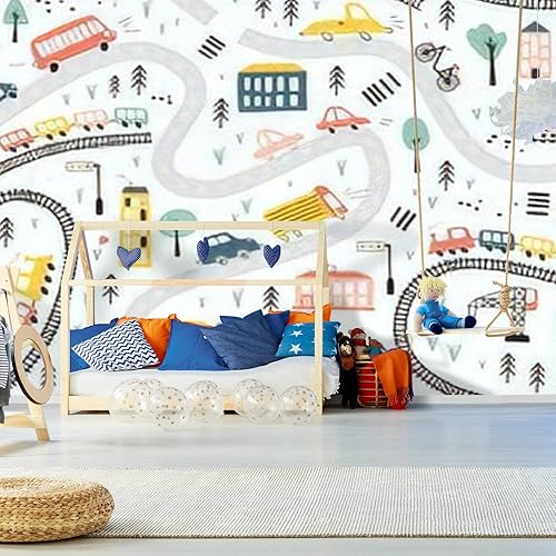 Miniatura 5 de Murales de pared modernos 3D sin costuras dibujados a mano, coches, trenes, camino, dibujos animados para niños, ilustraciones de despegar y pegar,