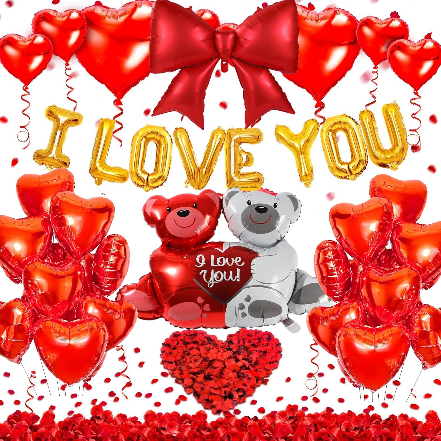 Valentines Day Balloon Decorations Set, I Love You Balloons and Red Heart Bow Foil Balloons with 1000Pcs Red Silk Rose Petals Flower for Valentines Day Party Wedding Anniversary Engagement Supplies