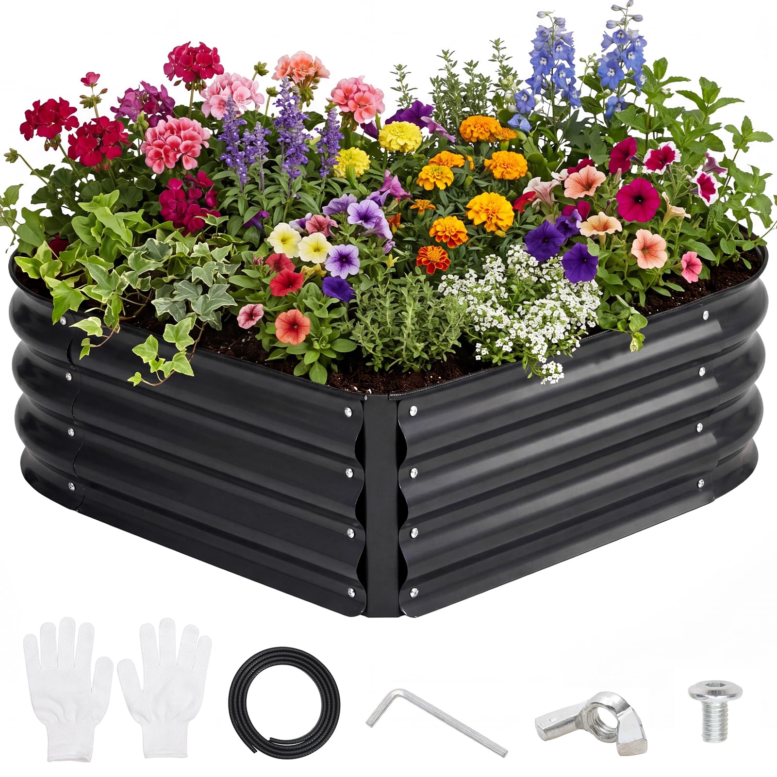 Warmiehom Galvanised Steel Raised Garden Bed, 96 x 108 x 28cm Metal Planter Box Outdoor with Open Bottom, Heart-shaped Raised Bed for Growing Vegetables, Fruits, Flowers, Black