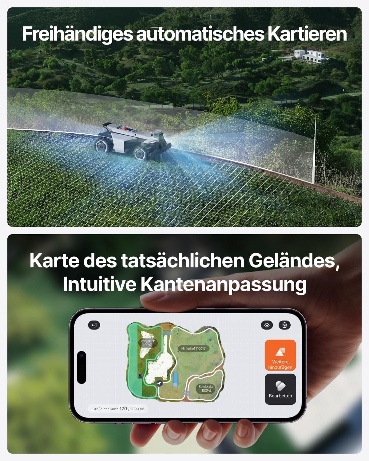 Segway Navimow X420 Mähroboter ohne Begrenzungskabel mit Garage X (separater Versand) für 2000 ㎡, Zero-Turn AWD für 84% Steigungen, NRTK+360° Vision+VIO, Keine RTK-Basisstation, 25-95 mm Schnitthöhe