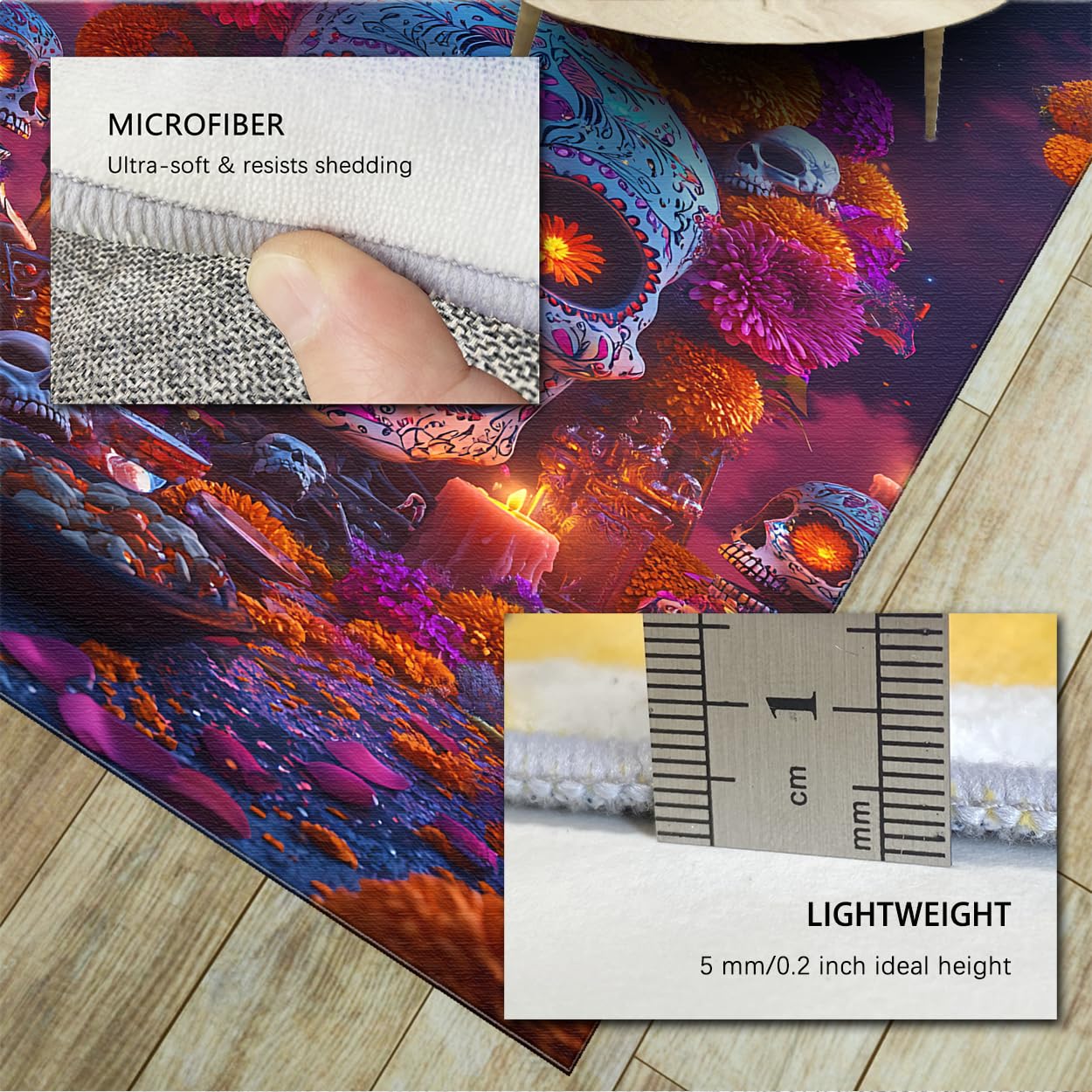 Boho kwiatowy 10 x 20 cm dywaniki kuchenne nadruk czaszki i nagietka mata podłogowa niski dywan do jadalni patio Halloween dzień zmarłych wystrój