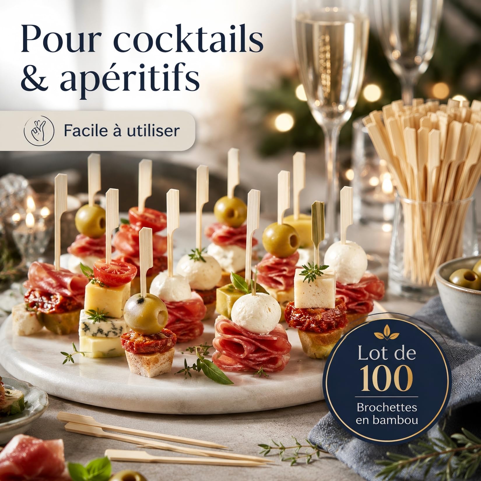 Lot de 100 Pics Brochette en Bambou 15 cm, Bâtonnets Naturels pour Barbecue, Bâtonnets Cocktail, Piques Apéritif Et Barbecue, pour Fruits, Viandes Et Tapas