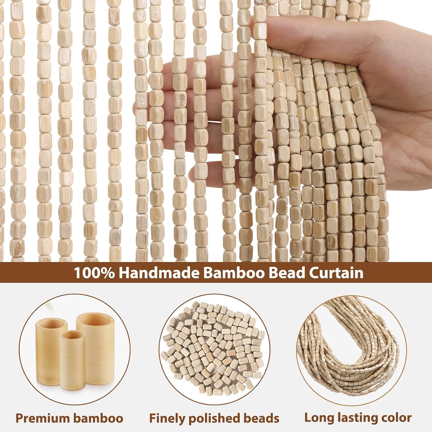 BECHAEO 90 Strands Bamboo Beaded Curtain for Doorway, Natrual 35.5" x 75"