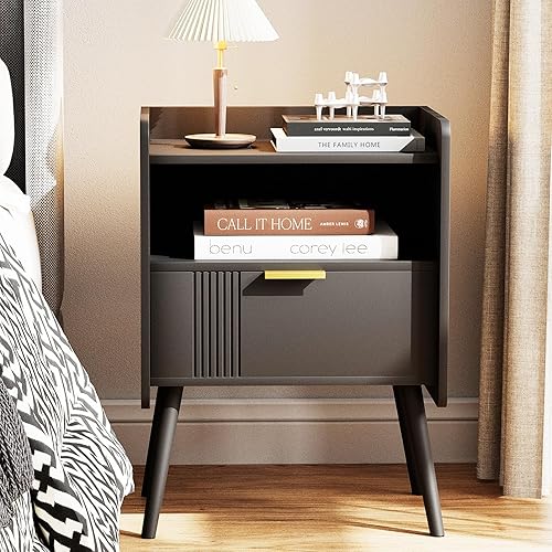 Miniatura 12 de Mesita de noche moderna con cajón de almacenamiento y estante abierto, mesita de noche pequeña, soporte lateral de sofá de madera para dormitorio,