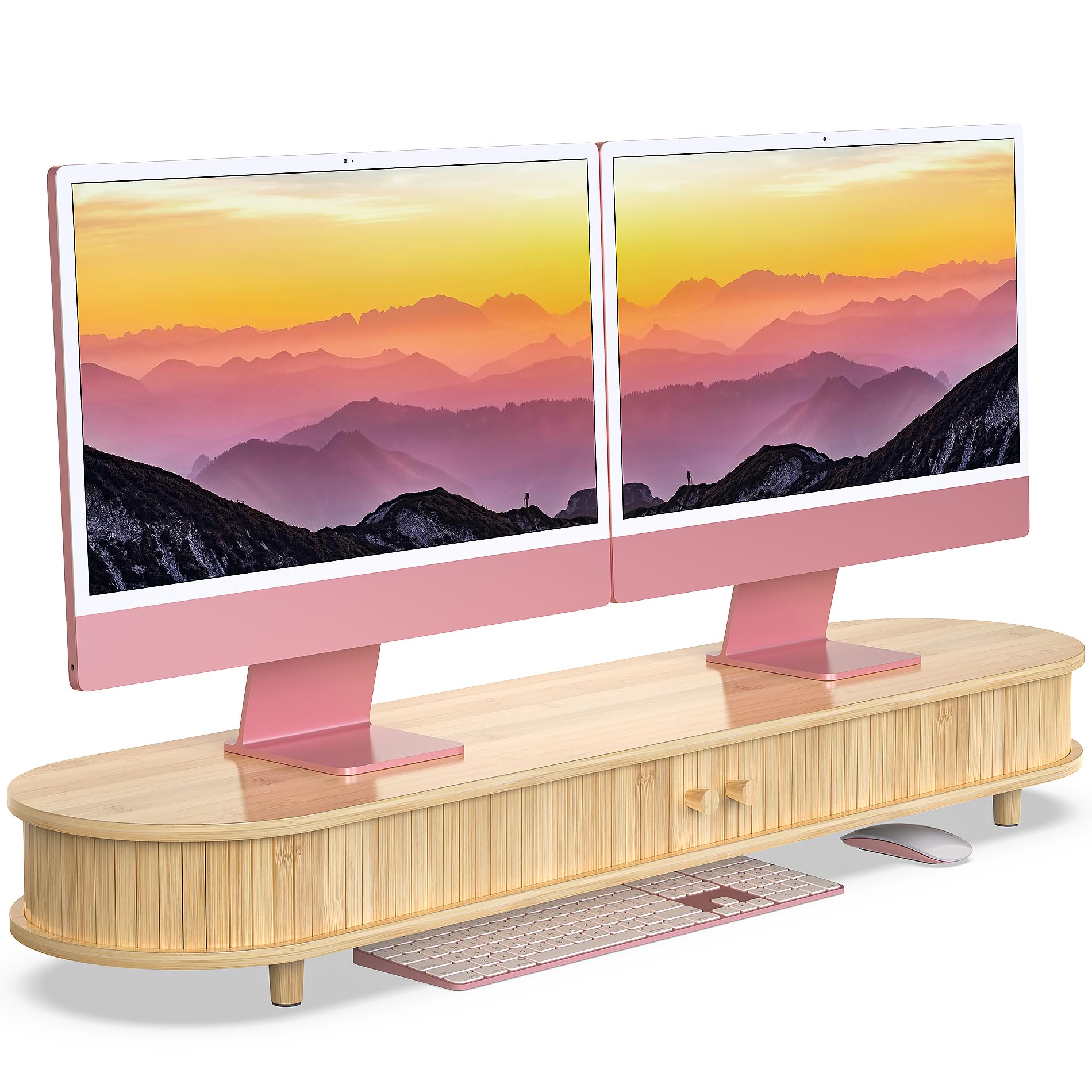 WELL WENG Support pour écran en bambou avec espace de rangement, support incurvé pour ordinateur portable, étagère de bureau avec portes coulissantes (107cm)