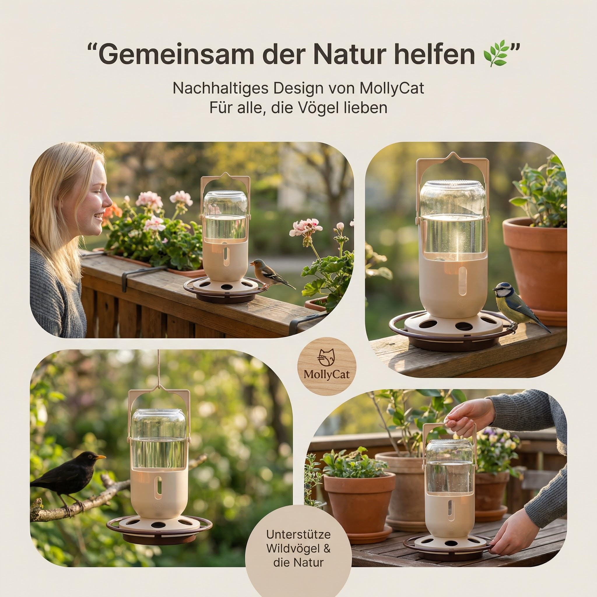 Vogeltränke 1L hängend aus Glas für Wildvögel – große Vogeltränke für sauberes Wasser auf Balkon & im Garten, wetterfestes Vogel Zubehör Hergestellt in der EU