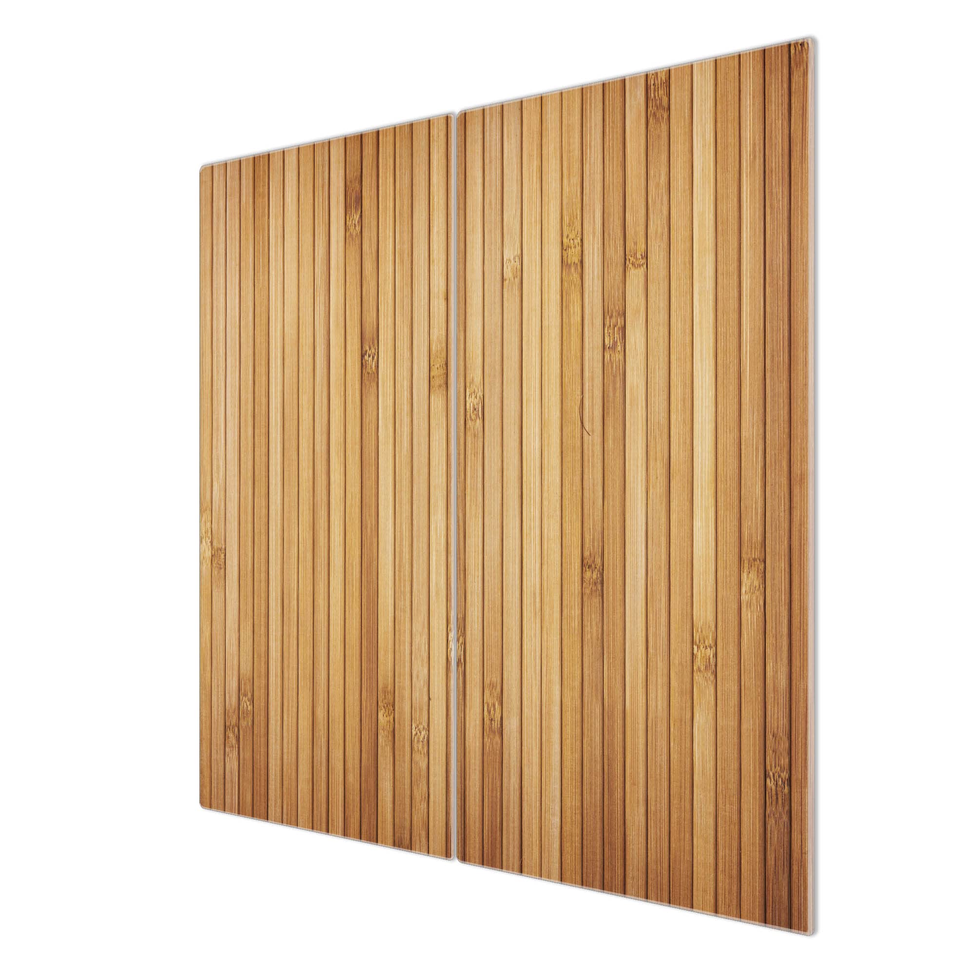 banjado Herdabdeckplatte Glas 2-teilig 60x52 cm, Ceranfeld Abdeckung und Schneidebrett Glas aus gehärtetem Glas, pflegeleichter moderner Look Abstrakt & Muster für Küchen mit Motiv Bambusholz