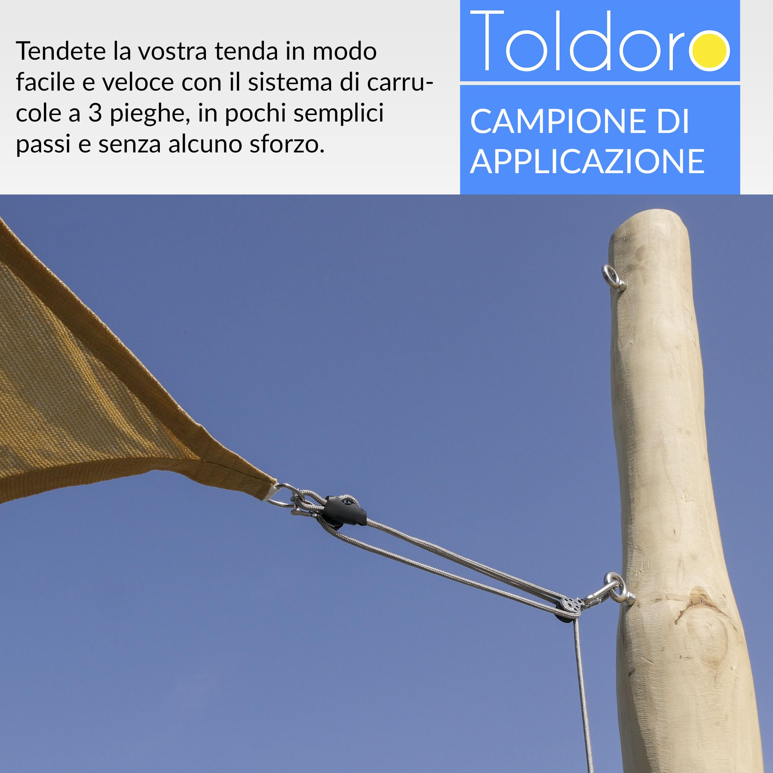 Toldoro® Paranco a 3 scomparti con 2 fori e corda/vela e tenda parasole, puleggia per il fissaggio e il fissaggio di tende da sole e vela/robusto sistema di fune