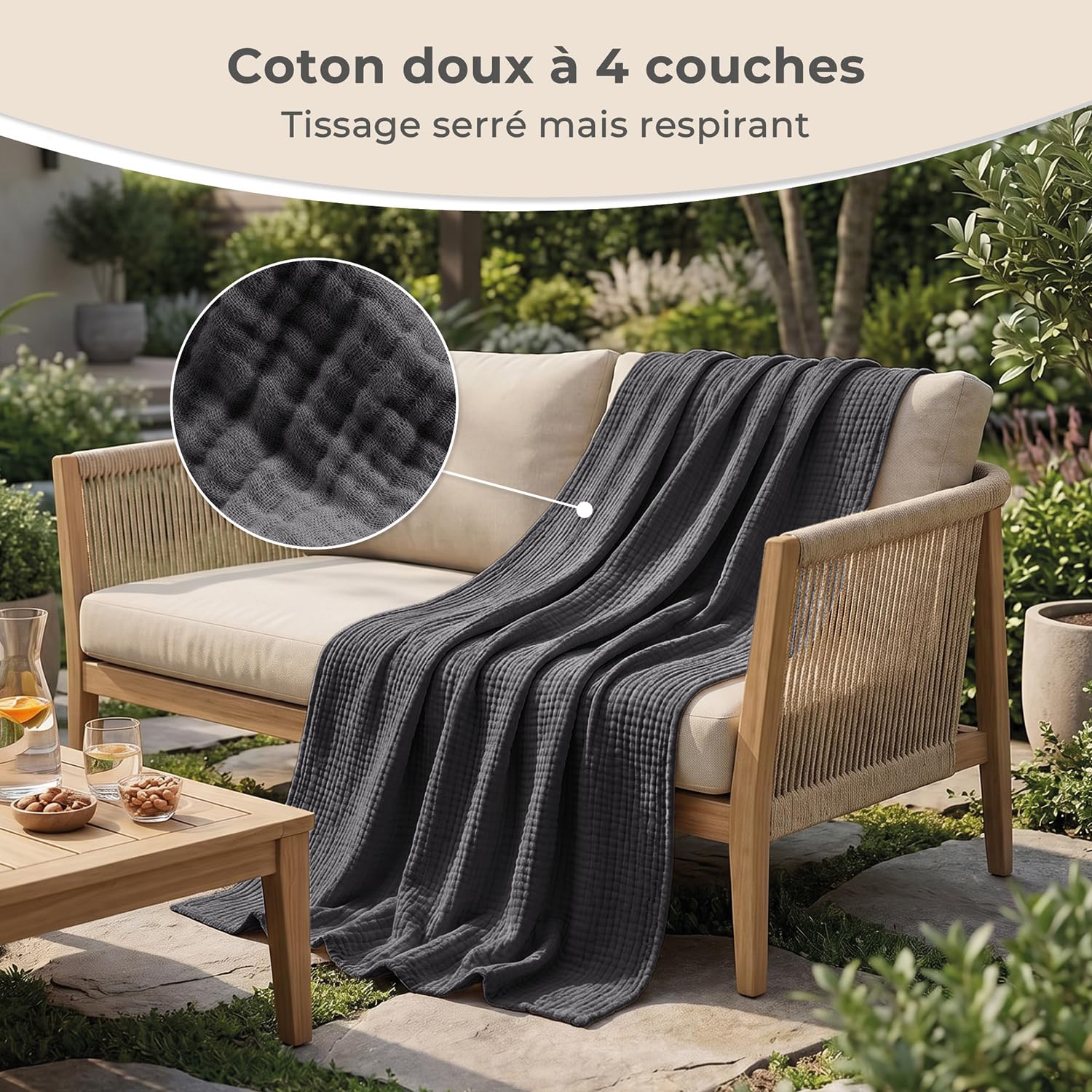 LAYNENBURG Premium Plaid canape Grande Taille en Mousseline 100% Coton – Couvre lit Respirant 4 Couches, Plaid Grande Taille, Jeté de canapé - Couverture légère 150x200 cm de Anthracite