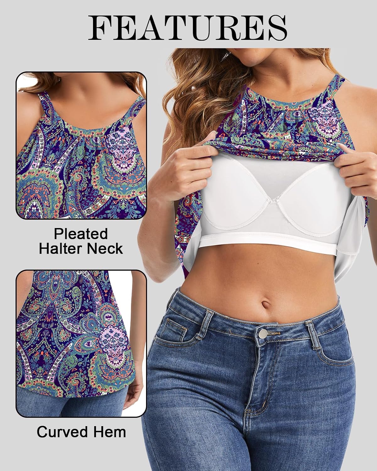 WOWENY Halter Tank Top for Women with Built in Bra Flowy Summer Loose Fit Camisole Sleevless Padded Pleated Dressy Cami Shirt