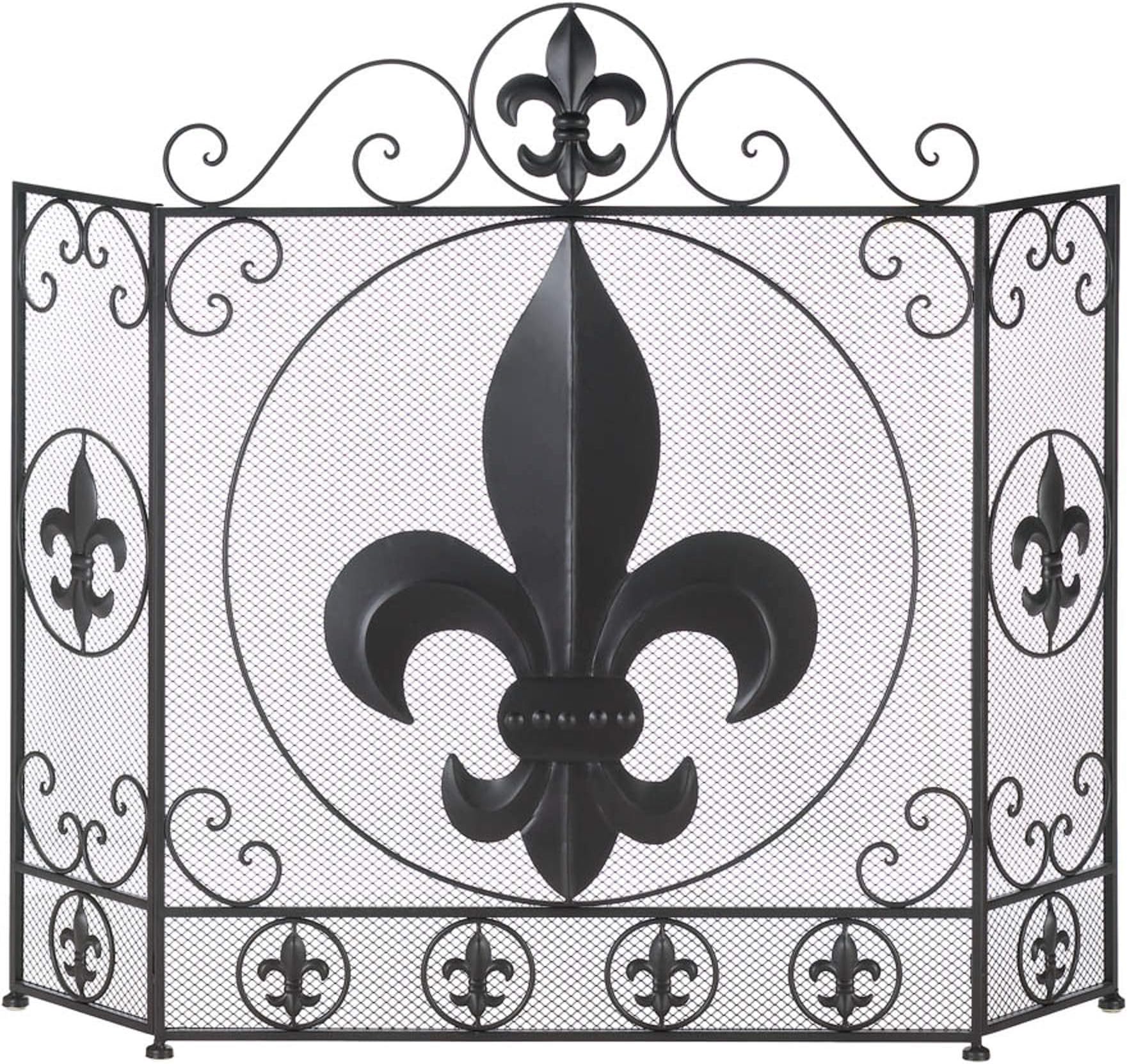 3 Panel Decorative Iron and Mesh Metal Fireplace Screen, Fleur de Lis, 25.75x7.875x33