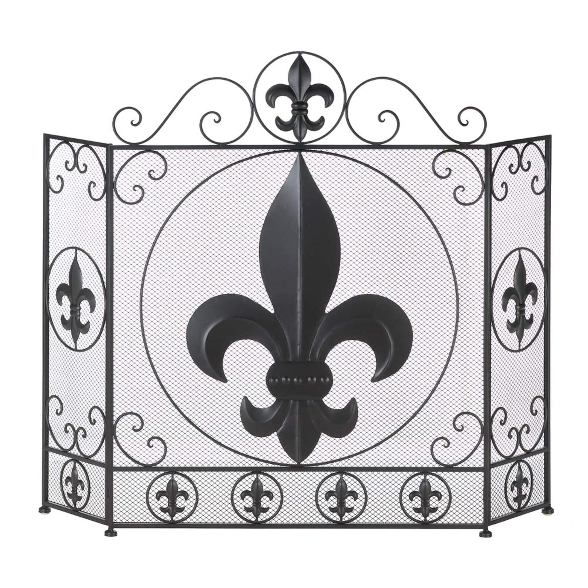 3 Panel Decorative Iron and Mesh Metal Fireplace Screen, Fleur de Lis, 25.75x7.875x33