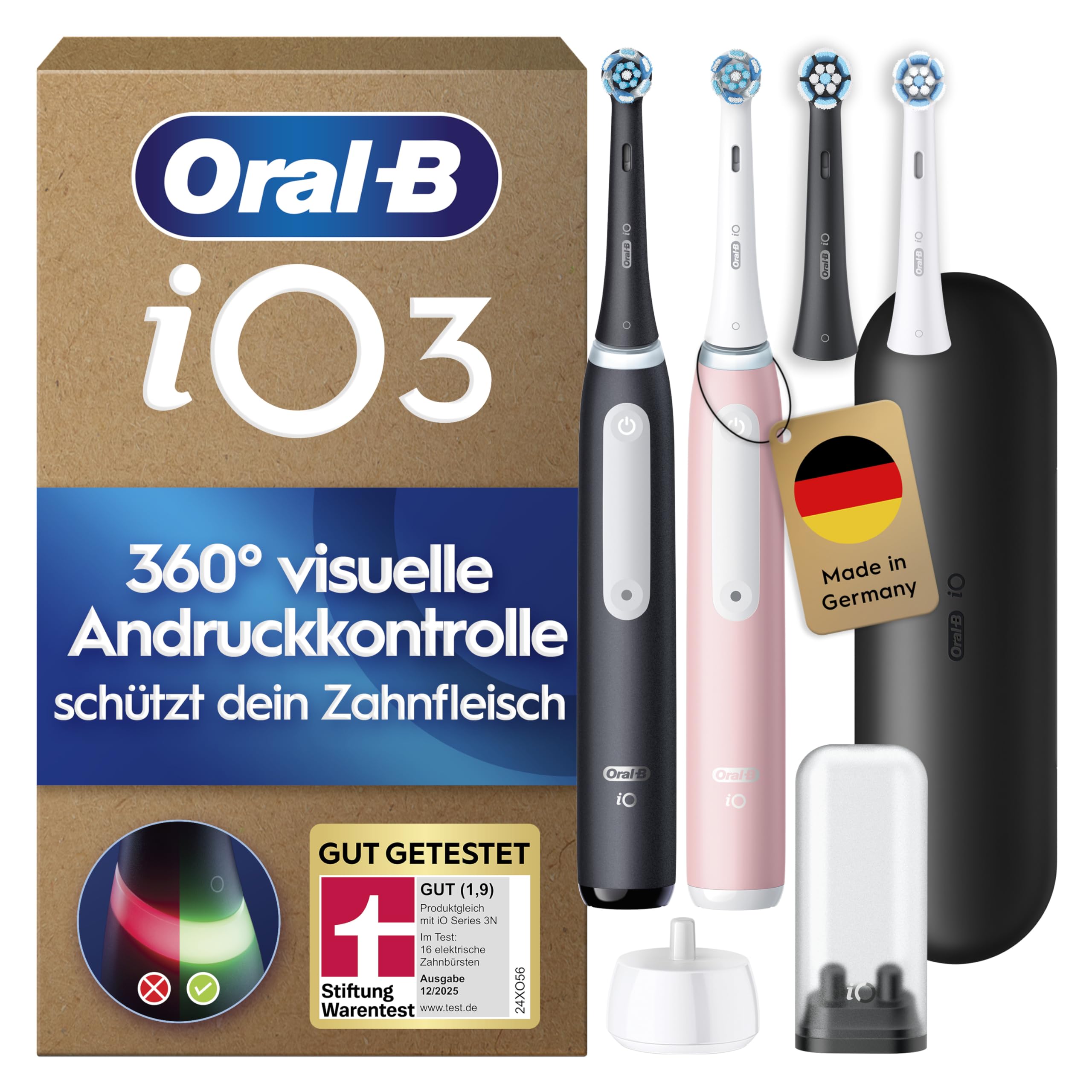 Oral-B iO Series 3 Elektrische Zahnbürste — Doppelpack — Electric Toothbrush, Inkl. 4 Aufsteckbürsten — 3 Putzmodi für Zahnpflege, Designed by Braun, GUT GETESTET von STIFTUNG WARENTEST — Schwarz/Rosa