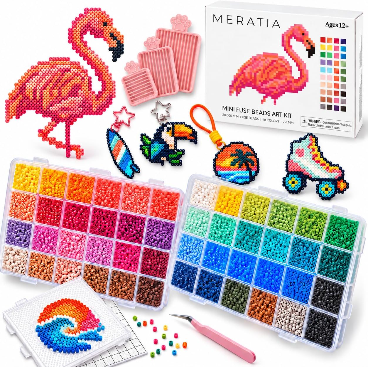 28,000 Mini Fuse Beads Kit, 2.6mm, 48 Colors, Pegboards