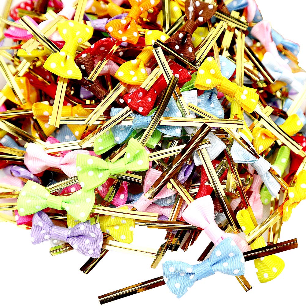 LEFV Twist Tie Bows for Bakery Cookies Candies Dessert Popcorn Wedding Party Favors Cello Bag Wraping, Polka Dot, Assorted Colors, Grosgrain Ribbon (500 pcs)