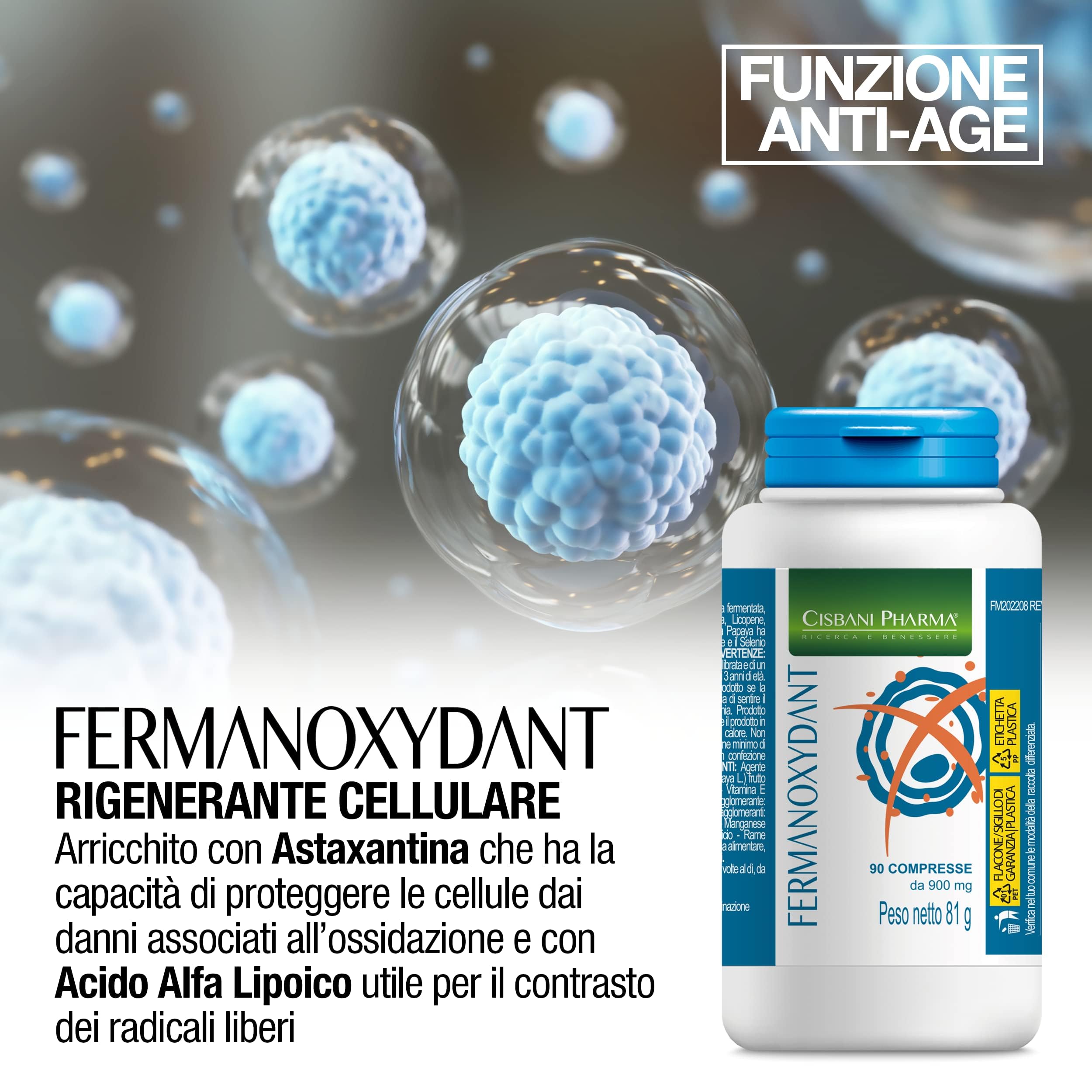 CISBANI PHARMA Fermanoxydant Antiossidante a base di Papaya fermentata 90 cpr con Acido alfa lipoico, Glutatione forte e Astaxantina, Contrasta l’invecchiamento cellulare e regola lo stress ossidativo