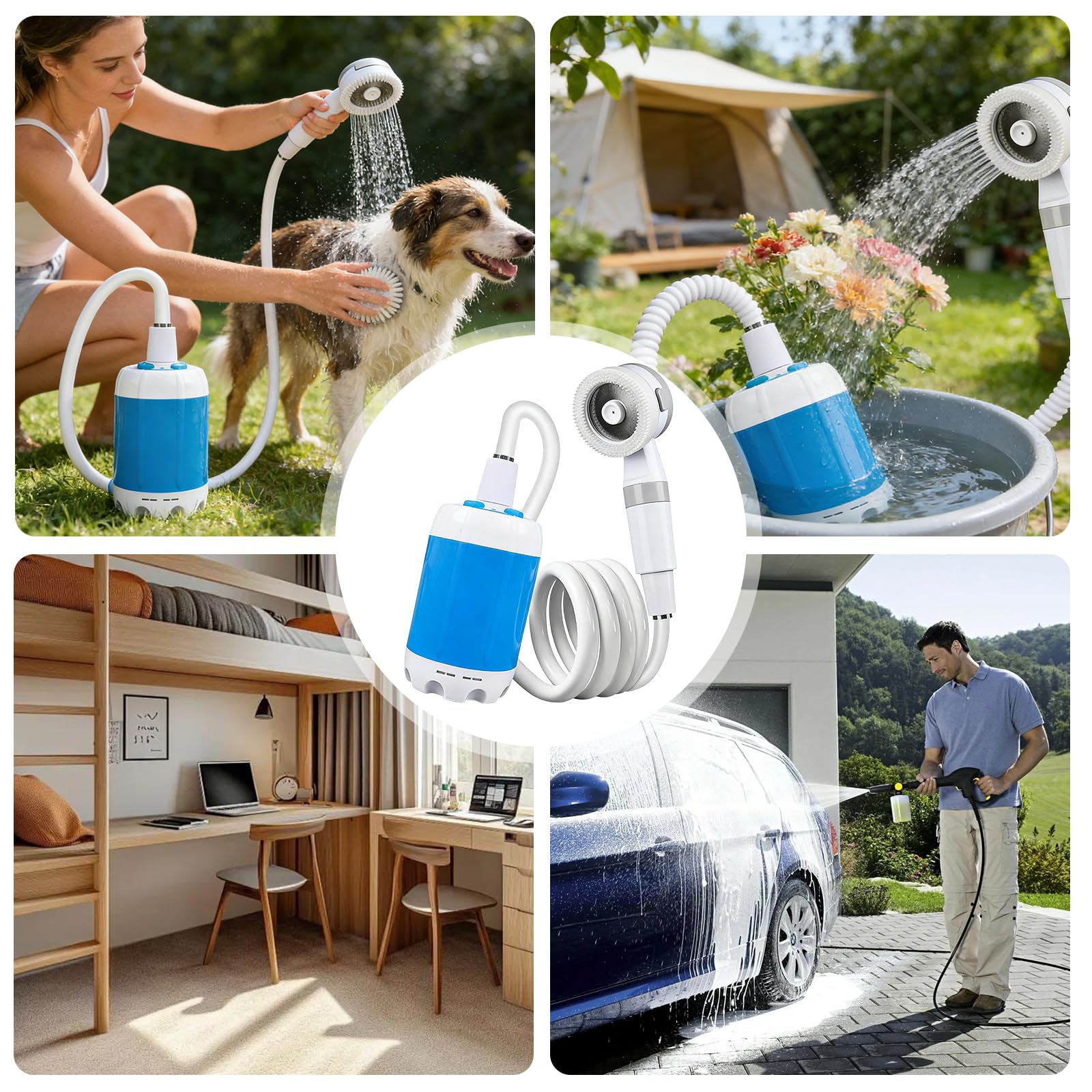 Doccia portatile da campeggio con pompa, 6000 mAh, doccia da campeggio con batteria, doccia mobile per esterni con soffione e tubo, doppia modalità acqua, doccia portatile per campeggio, viaggi